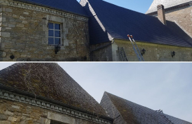 Démoussage par haute pression couverture ardoise synthétique. Application d'un anti-mousse suivi de deux couches de résine d'étanchéité gris ardoise